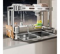 Scolapiatti in Acciaio Inox a Doppio Strato, Organizer per lavello da Cucina con Gancio, Regolabile da 67 a 97 cm.