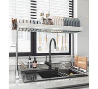 Scolapiatti in acciaio inox, organizer multifunzione salvaspazio per piatti, bicchieri, ciotole e posate, scolapiatti da cucina, scolapiatti sopra il lavandino, multi-funzionale per lavello