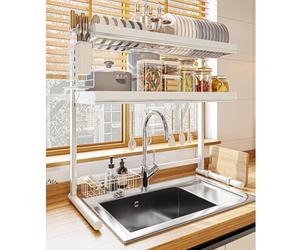 Scolapiatti in acciaio inox, organizer multifunzione salvaspazio per piatti, bicchieri, ciotole e posate, scolapiatti da cucina, scolapiatti sopra il lavandino, multi-funzionale per lavello