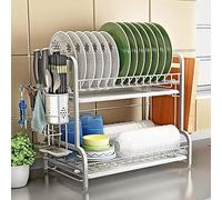 Scolapiatti in acciaio inox sopra il lavello, organizer da cucina con supporto per tagliere e contenitore in silicone, vassoio antigoccia incluso, scolapiatti salvaspazio