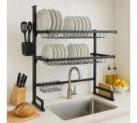 MAKA Scolapiatti da Appoggio Nero, 65 o 85 cm, Portabicchieri, Porta Tagliere, Organizer Cucina, Scolapiatti da Lavello in Metallo, Scolapiatti da Appoggio Sopra Lavello (2 Ripiani - 85 cm)