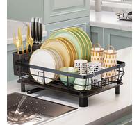 Scolapiatti in ferro con scolapiatti scolapiatti r da cucina con beccuccio regolabile scolapiatti con portautensili e fessure per coltelli, nero