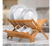 Scolapiatti in Legno di Bambù Resistente Pieghevole e Salvaspazio | Design Ecologico, Sostenibile e Idoneo a Sostanze Alimentari | Organizer Cucina Capienza Fino a 34 Piatti | 43x34x26 cm 2 Livelli