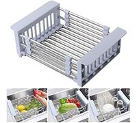 Scolapiatti Multifunzionale Pianale da Cucina Organizer Espandibile Sink Drainer Retrattile Scarico Rack Sink Organizzatore Acciaio Inox (Grigio,Piccolo)