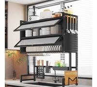 Scolapiatti multifunzione a 2 ripiani di grande capacità, da sopra il lavello, con coperchio, carico forte, organizer da cucina, piano di lavoro, nero a doppio strato (105 cm)