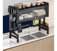 Scolapiatti multifunzione a 2 ripiani di grande capacità, da sopra il lavello, con coperchio, carico forte, organizer per piano di lavoro della cucina (nero, 65 cm)