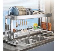 Scolapiatti multifunzione da cucina, con ganci portabicchieri e ripiano per una gestione efficiente dello spazio sul bancone