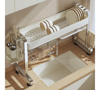 Scolapiatti multifunzione in acciaio inox da sopra il lavello - Regolazione dell'altezza su 3 livelli., Grande capacità, Vassoio per l'acqua rimovibile e accessori gratuiti.(Single layer,87cm/34.2in)