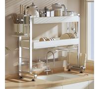 Scolapiatti multifunzione in acciaio inox da sopra il lavello - Regolazione dell'altezza su 3 livelli., Grande capacità, Vassoio per l'acqua rimovibile e accessori gratuiti.(Double layer,77cm/30.3in)