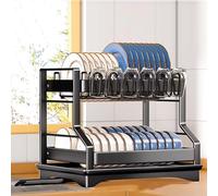 Scolapiatti multifunzione in acciaio inox, scolapiatti a 2 ripiani, scolapiatti da cucina con scolapiatti con scolapiatti a prova di perdite, beccuccio a prova di perdite, ripiano portaoggetti per