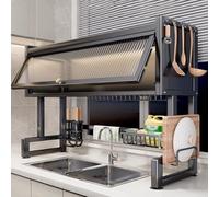 Scolapiatti multifunzione per lavello da cucina, in metallo spesso, antipolvere, organizer per piatti, 95 cm, nero perfetto per uso domestico