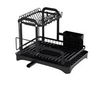 Scolapiatti nero a 2 livelli, scolapiatti da appoggio da cucina con scolapiatti, organizer compatto