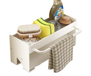 Scolapiatti non perforato per lavelli da cucina con scomparti porta spazzole e barra porta asciugamani integrata (bianco)