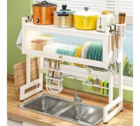 Scolapiatti organizer, salvaspazio con funzione di drenaggio, sopra il lavello con copertura trasparente, per organizzare il lavello della cucina