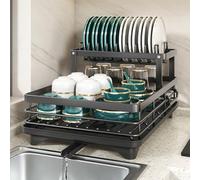 Scolapiatti per lavello da cucina, salvaspazio, con vassoio di scarico e beccuccio rotante per un'asciugatura efficiente e una gestione dell'acqua