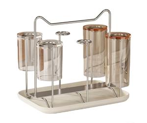 Scolapiatti per tazze con vassoio scolapiatti, in acciaio inox, supporto per tazze da caffè per organizzazione della scrivania, 6 ganci sottosopra in vetro per bancone della cucina, bianco