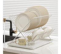 Scolapiatti Pieghevole 2 Livelli, Grande Capacità Acciaio Inossidabile, Asciugapiatti Ripiegabile Per Lavello Cucina, Piano Lavoro, Posate E Piatti(White 2)