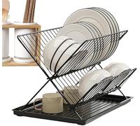 Scolapiatti pieghevole in acciaio al carbonio/acciaio inossidabile for bancone della cucina 2 livelli, vassoio di raccolta dell'acqua rimovibile, for posate, piatti, tazze(Black)