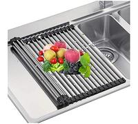 Scolapiatti pieghevole in acciaio inossidabile, scolapiatti arrotolabile sopra il lavello, scolapiatti multiuso per cucina, regolabile 34 x 33 cm-44 x 33 cm, nero fette h