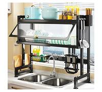 Scolapiatti regolabile a 2 livelli sopra il lavello - Scolapiatti da cucina e nizer con ganci, ripiano salvaspazio da banco (colore: nero, dimensioni: 75 x 30 x 80 cm)