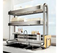 Scolapiatti regolabile in altezza in acciaio inox, grande capacità, design a doppia colonna e drenaggio rapido per la cucina, 84,8 cm, grigio a doppio strato sopra il lavello