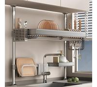 Scolapiatti regolabile sopra il lavello, scolapiatti da cucina a doppio e triplo livello, grande capacità, con vassoio di scarico (88 cm) per l'organizzazione