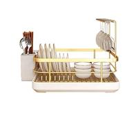 Scolapiatti salvaspazio di alta qualità con vassoio antigoccia e porta utensili, design in ABS resistente ai graffi, cestino rimovibile antiscivolo, elegante oro, 34 x 26 cm, per organizzare la cucina