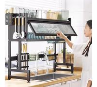 Scolapiatti, Scolapiatti A 2 Ripiani Grande con Supporto per Tagliere, Scolapiatti per Posate, Scolapiatti da Cucina, Black, 85cm