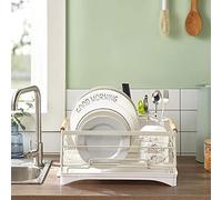 Scolapiatti, Scolapiatti for lavello da cucina in acciaio inossidabile con beccuccio girevole Scaffale compatto banco manico in legno di faggio Portautensili for ciotole Pla(White)