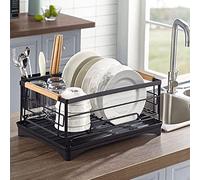 scolapiatti, Scolapiatti for lavello da cucina in acciaio inossidabile con beccuccio girevole Scaffale compatto banco manico in legno di faggio Portautensili for ciotole Pla(Black)