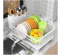 Scolapiatti, scolapiatti per piano cucina con portaposate, scolapiatti da cucina con vassoio di drenaggio, bianco