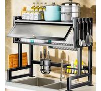 Scolapiatti Sopra il Lavandino, Scolapiatti da Lavello da Cucina con Ante | Organizer Salvaspazio a 3 livelli con Portautensili, Porta Tagliere e Ganci, Scolapiatti Grandi in Acciaio Inossidabile, 85cm