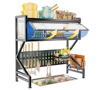 Scolapiatti sopra il lavello, 3 ripiani sopra il lavello scolapiatti con porta visibile, ripiano di drenaggio, organizer per lavello da cucina con porta utensili, tagliere, nero