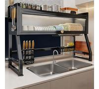 Scolapiatti sopra il lavello con sportello a ribalta, organizer per stoviglie da cucina su piano di lavoro, supporto multifunzione in metallo, adatto per piatti(Black,65cm/25.6in)