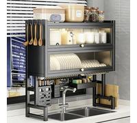 Scolapiatti sopra il lavello con sportello a ribalta, organizer per stoviglie da cucina su piano di lavoro, supporto multifunzione in metallo, adatto per piatti(Black,105cm/41.3in)