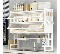 Scolapiatti sopra il lavello con sportello a ribalta, organizer per stoviglie da cucina su piano di lavoro, supporto multifunzione in metallo, adatto per piatti(White,105cm/41.3in)