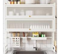 Scolapiatti sopra il lavello con sportello a ribalta, organizer per stoviglie da cucina su piano di lavoro, supporto multifunzione in metallo, adatto per piatti(White,65cm/25.6in)