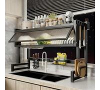 Scolapiatti sopra il lavello, grande scaffale organizzatore per lavello, colore nero, con coperchio semitrasparente e portaposate, adatto per riporre piatti(95cm/37.4in)