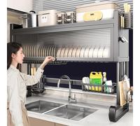 Scolapiatti sopra il lavello, grande scolapiatti da piano in metallo con sportello a ribalta, salvaspazio, adatto per piatti, ciotole, tazze, posate e utensili(Gray,65cm/25.6in)