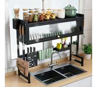 Scolapiatti sopra il lavello, grande scolapiatti da piano in metallo, scolapiatti salvaspazio con coperchio, adatto per piatti, tazze, ciotole e posate(Black,65cm/25.6in)