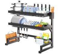 Scolapiatti sopra il lavello, grande scolapiatti per il bancone della cucina con più cestelli, porta-spugne per utensili, contenitore per lavello, 3 ripiani, nero, 55 cm/21,7 pollici (75 cm/29,5 pol