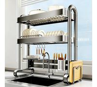 Scolapiatti sopra il lavello, in acciaio inossidabile, con portaposate, grande scolapiatti per piatti e ciotole, organizer da piano cucina, adatto per piatti(Gunmetal gray double layer,85cm/33.5in)