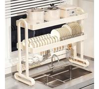 Scolapiatti sopra il lavello, in acciaio inossidabile, con portaposate, grande scolapiatti per piatti e ciotole, organizer da piano cucina, adatto per piatti(Off-white double layer,75cm/29.5in)