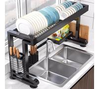 Scolapiatti sopra il lavello, in acciaio inox, design a 1 livello, include porta utensili, supporto per tagliere e vassoio di scarico, lunghezza regolabile