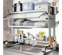Scolapiatti sopra il lavello, modello grande con coperchio ribaltabile, scaffale portaoggetti per piano cucina, scolapiatti in acciaio inox, per piani cucina(65cm/25.6in)