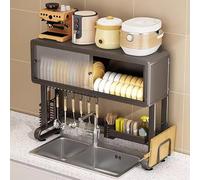Scolapiatti sopra il lavello, organizer da cucina a 2 ripiani in acciaio al carbonio con ante scorrevoli per riporre oggetti, scaffale multifunzionale per l'organizzazione della cucina (66 x 29 x 77