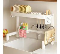 Scolapiatti sopra il lavello, organizer da cucina a 2 ripiani per piatti, ciotole e posate, design salvaspazio