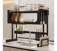 Scolapiatti sopra il lavello, organizer da cucina a 2 ripiani per utensili, salvaspazio da bancone, 95 x 80 cm