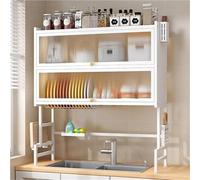 Scolapiatti sopra il lavello, organizer salvaspazio a doppio livello, con coperchio, per cucine piccole, 105 cm, bianco, soluzione efficiente per riporre i piatti della cucina