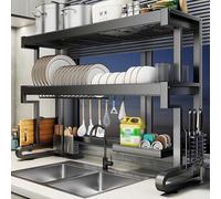 Scolapiatti sopra il lavello, scaffale a doppio livello in acciaio inossidabile, altezza regolabile, adatto per piatti, tazze, ciotole e posate(86cm/33.8in)